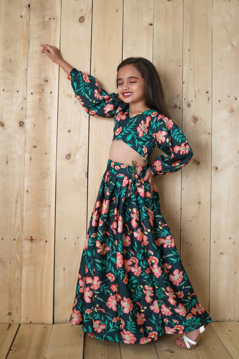 Aayaa Designer Printed Chinon Crochet Sequance Kids Lehenga Choli - Green | Grocsy