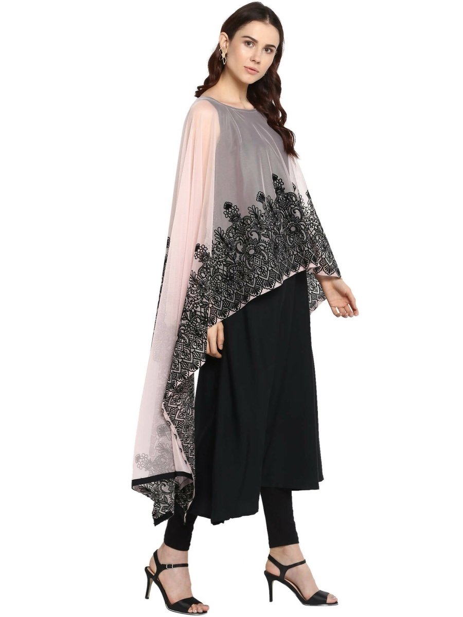 Ahalyaa Women's Beautiful Black Crepe Printed Kurta with Attached Dupatta | Grocsy