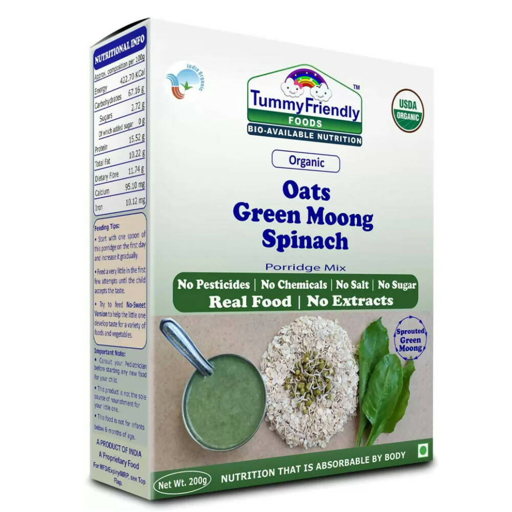 TummyFriendly Foods Certified Organic Oats, Green Moong, Spinach Porridge Mix for 8 Months Old | Grocsy