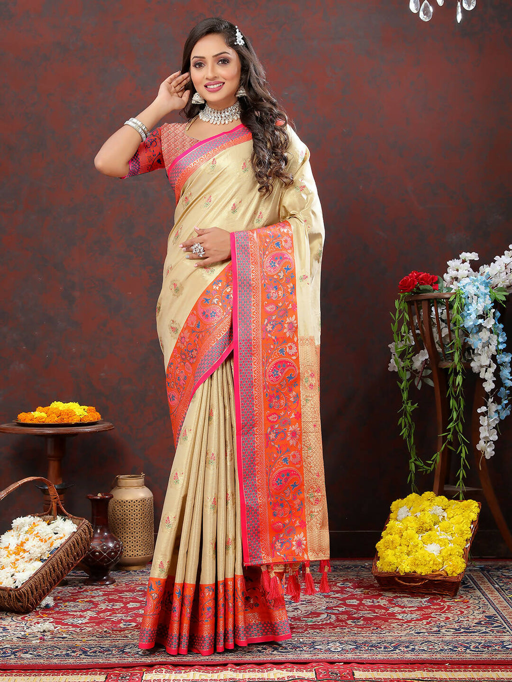 Lorenvalley Fashion Cream Kanjivaram Silk Woven Design with Zari Weaving Saree | Grocsy