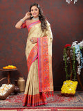 Lorenvalley Fashion Cream Kanjivaram Silk Woven Design with Zari Weaving Saree | Grocsy