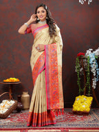 Lorenvalley Fashion Cream Kanjivaram Silk Woven Design with Zari Weaving Saree | Grocsy