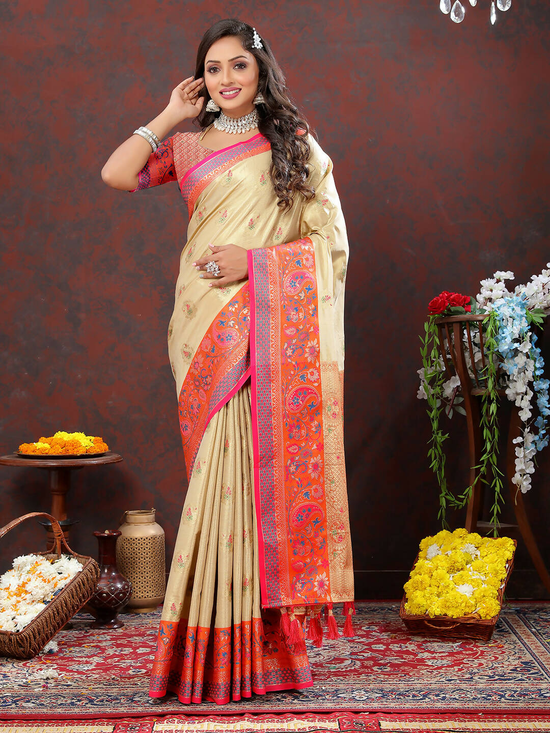 Lorenvalley Fashion Cream Kanjivaram Silk Woven Design with Zari Weaving Saree | Grocsy