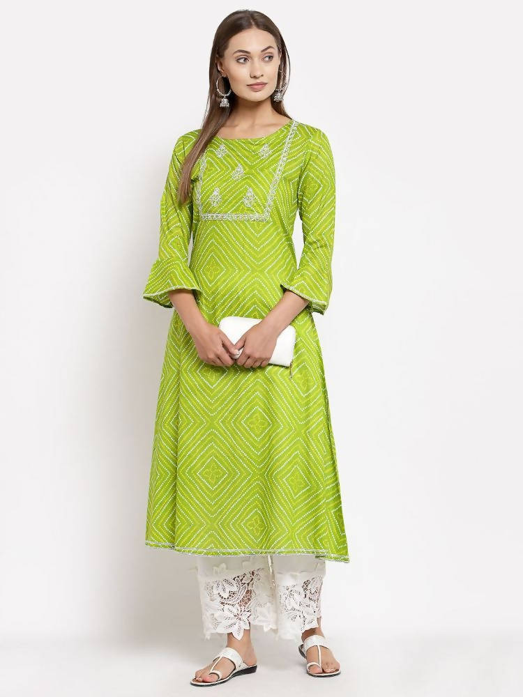 Myshka Women's Green Cotton Printed Full Sleeve Round Neck Casual Dress | Grocsy