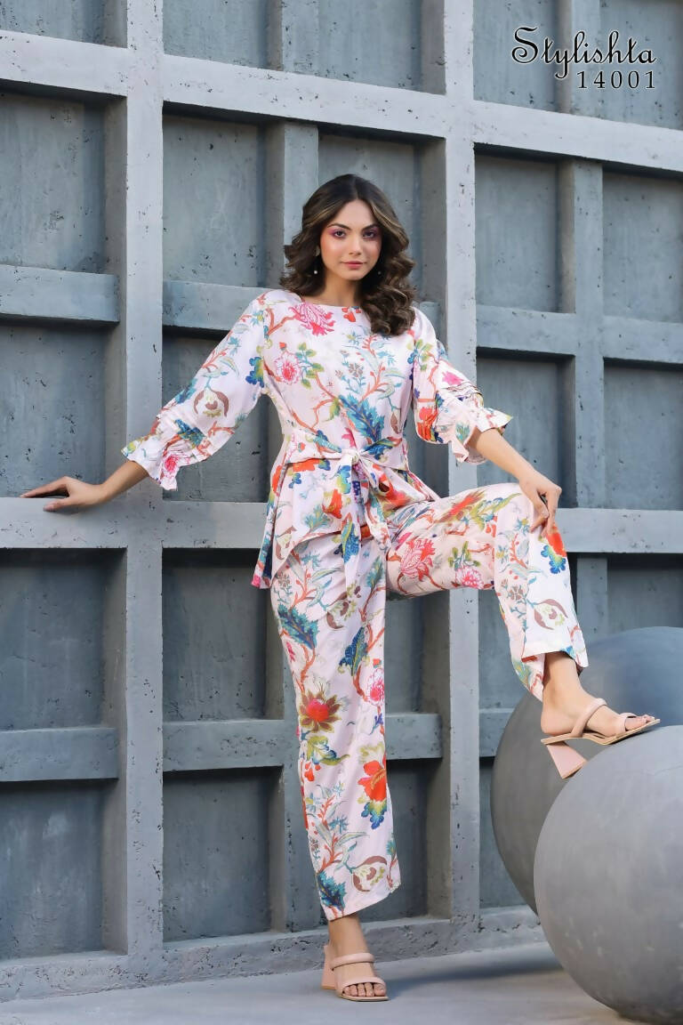 Women's Partywear Designer White & Multi Muslin co-ord set - Stylishta | Grocsy