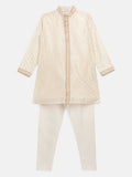 Ahalyaa Cream Chanderi Gold Print Kids Kurta Churidar Set For Boys | Grocsy