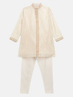 Ahalyaa Cream Chanderi Gold Print Kids Kurta Churidar Set For Boys | Grocsy