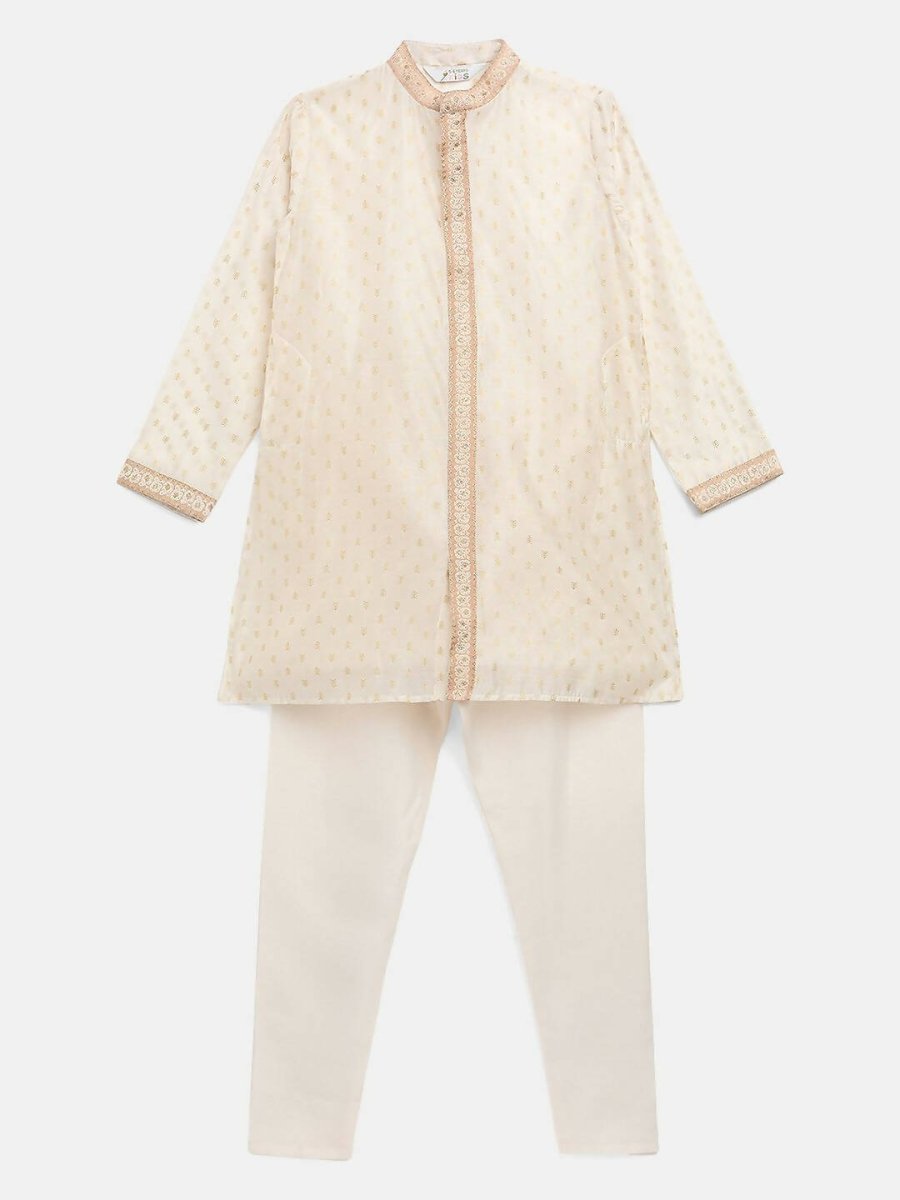 Ahalyaa Cream Chanderi Gold Print Kids Kurta Churidar Set For Boys | Grocsy