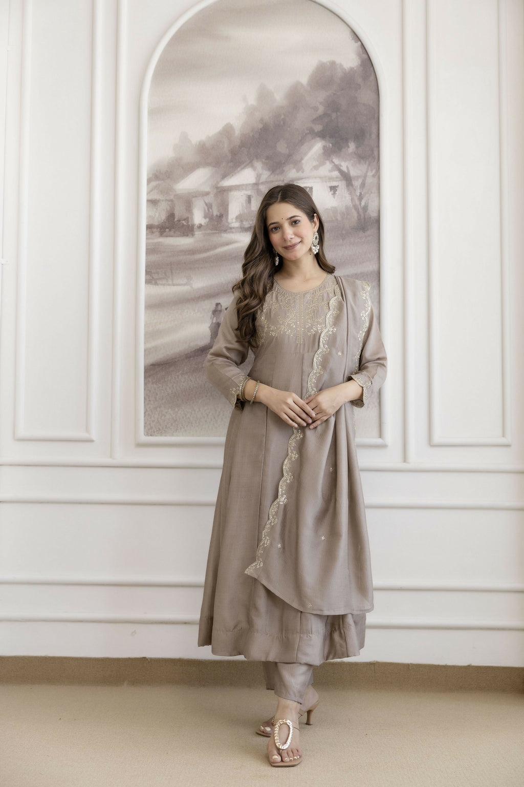 The52 Chiku Women's Beautiful Vichitra Silk Fabric Embroidered Work Flared Anarkali Pant and Dupatta Set | Grocsy