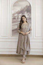 The52 Chiku Women's Beautiful Vichitra Silk Fabric Embroidered Work Flared Anarkali Pant and Dupatta Set | Grocsy