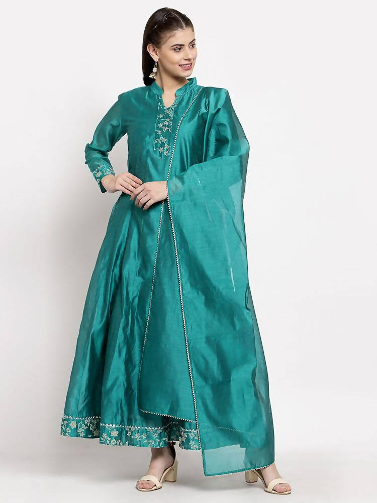 Myshka Women's Green Silk Solid Full Sleeve Mandarin Neck Casual Anarkali Gown | Grocsy