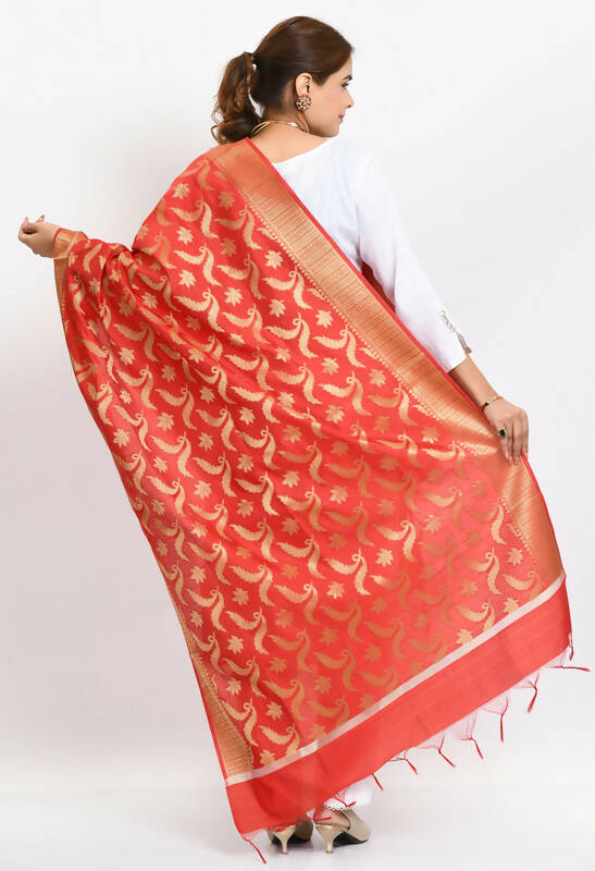 Mominos Fashion Moeza Women's Banarsi Silk Floral Woven Design Red Dupatta | Grocsy