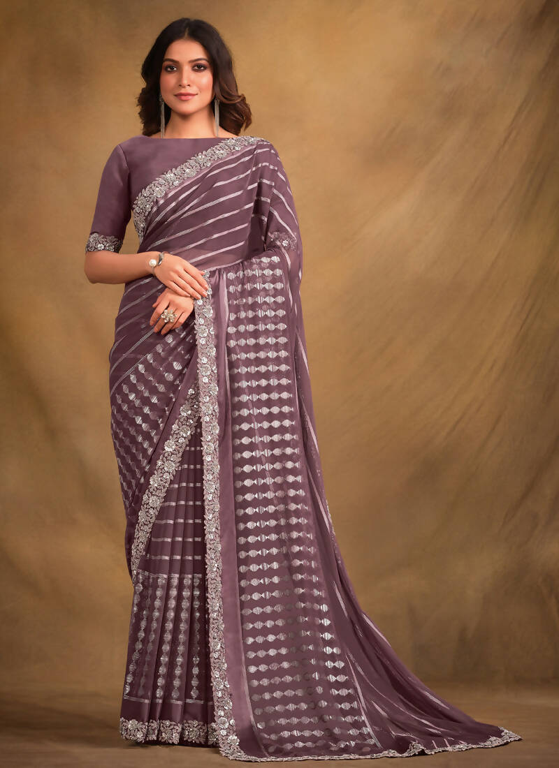 Lavender Georgette Kasab Designer Saree with Unstitched Blouse - Norita Mahitha | Grocsy