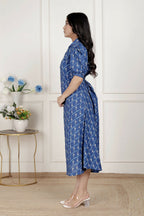 Miravan Womens Floral Print Blue Collar-Neck Puff Sleeves A-Line Maxi Dress | Grocsy