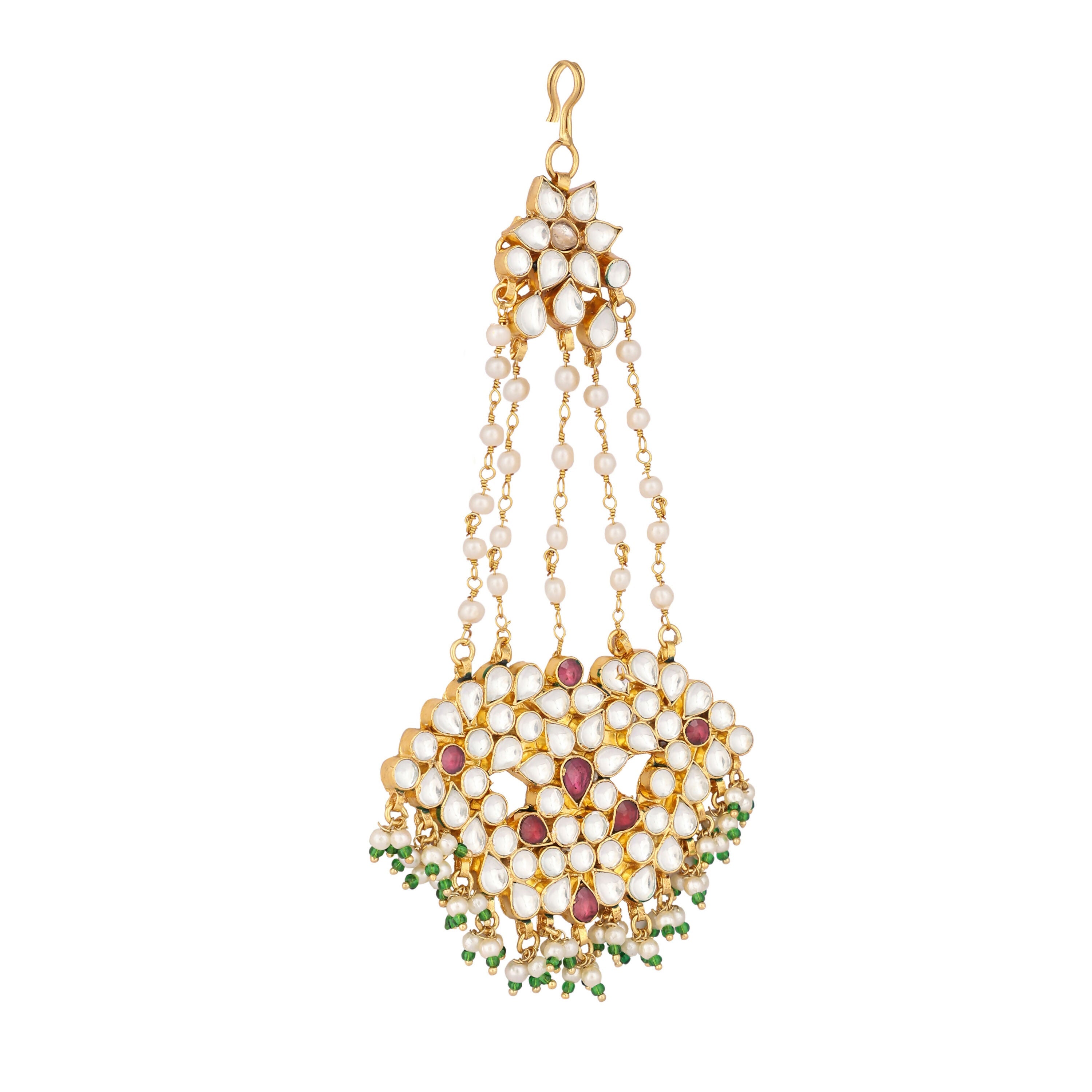 Nuyug 22K Gold-Plated Kundan & Red Stone Studded Jhumar Paasa Head Jewellery | Grocsy