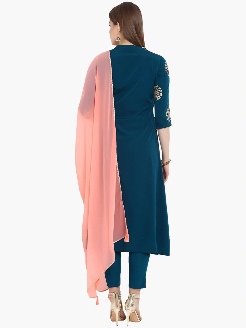 Janasya Women Flower Golden Foil Kurta Set with Dipped Hemline | Grocsy