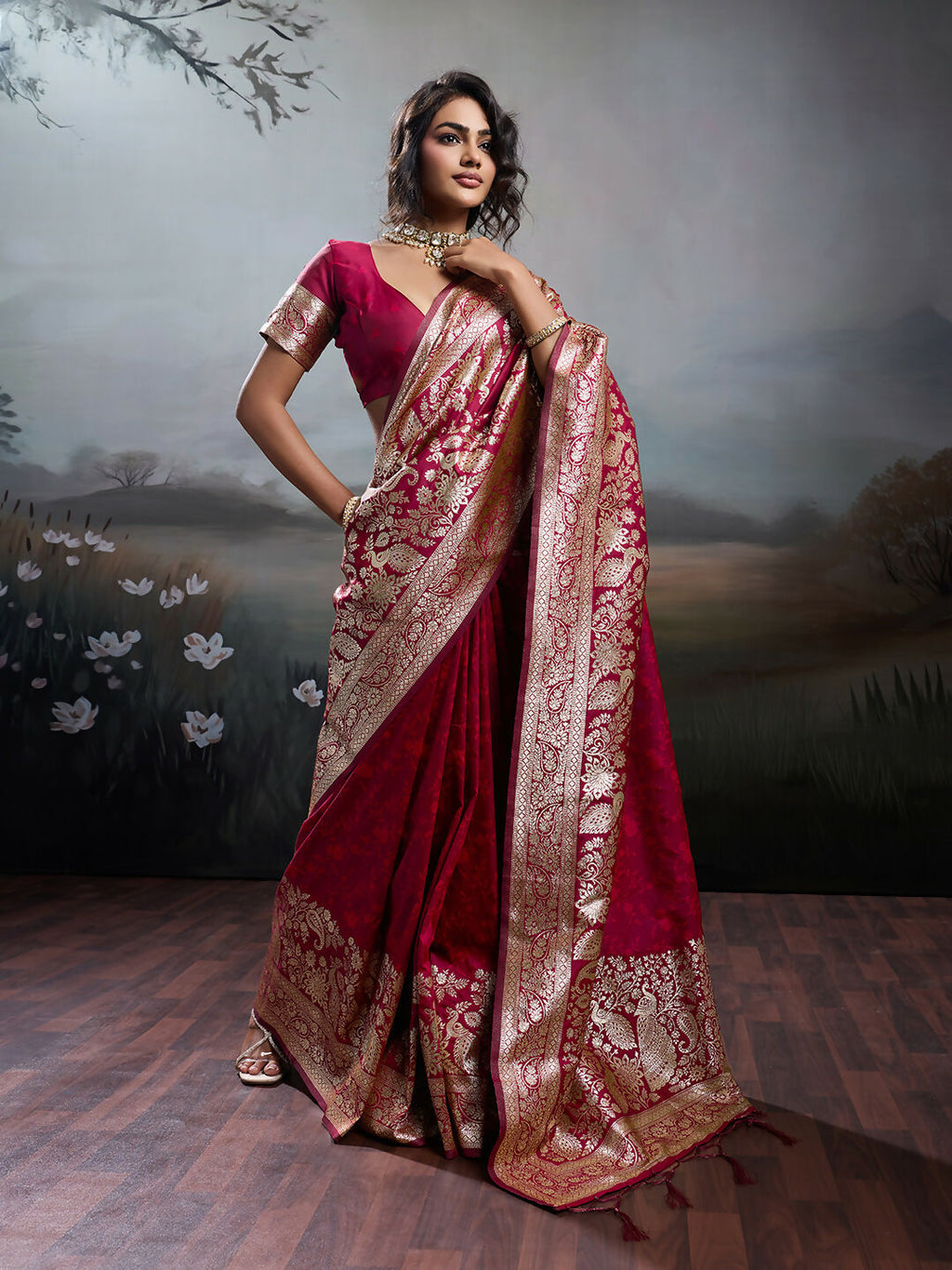 Shree Shyam Fashion Maroon Silk Blend Saree | Grocsy