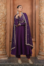 The52 Wine Women's Gorgeous Vichitra Silk Fabric Embroidered Work Flared Anarkali Pant and Dupatta Set | Grocsy