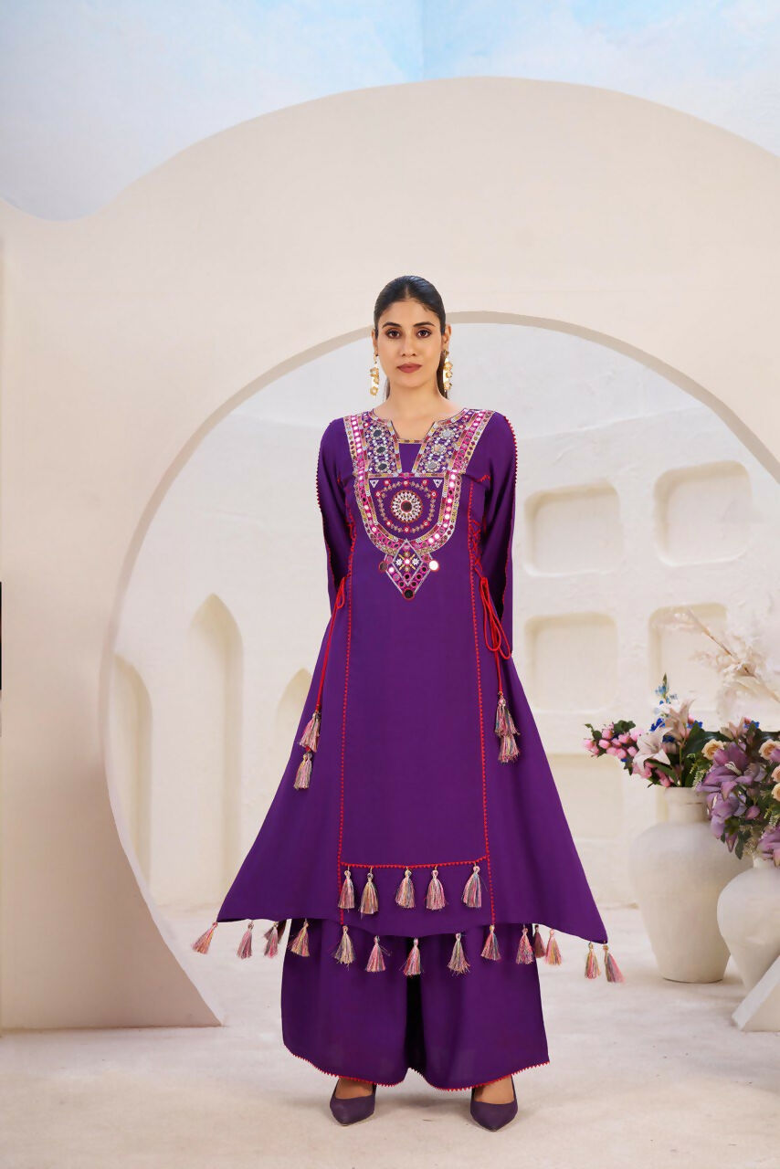 The52 Women's Gorgeous Rayon Fabric Thread Work Straight Kurta Palazzo Set | Grocsy