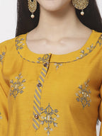 Myshka Mustard Viscose Printed 3/4 Sleeve Round Neck Kurta Pant Dupatta Set | Grocsy