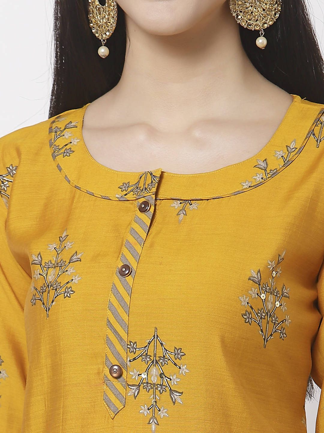 Myshka Mustard Viscose Printed 3/4 Sleeve Round Neck Kurta Pant Dupatta Set | Grocsy