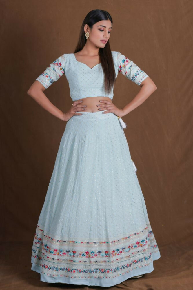 Skyblue Georgette Multicolor Thread Embroidery Work Lehenga Choli - Jihu Culture | Grocsy