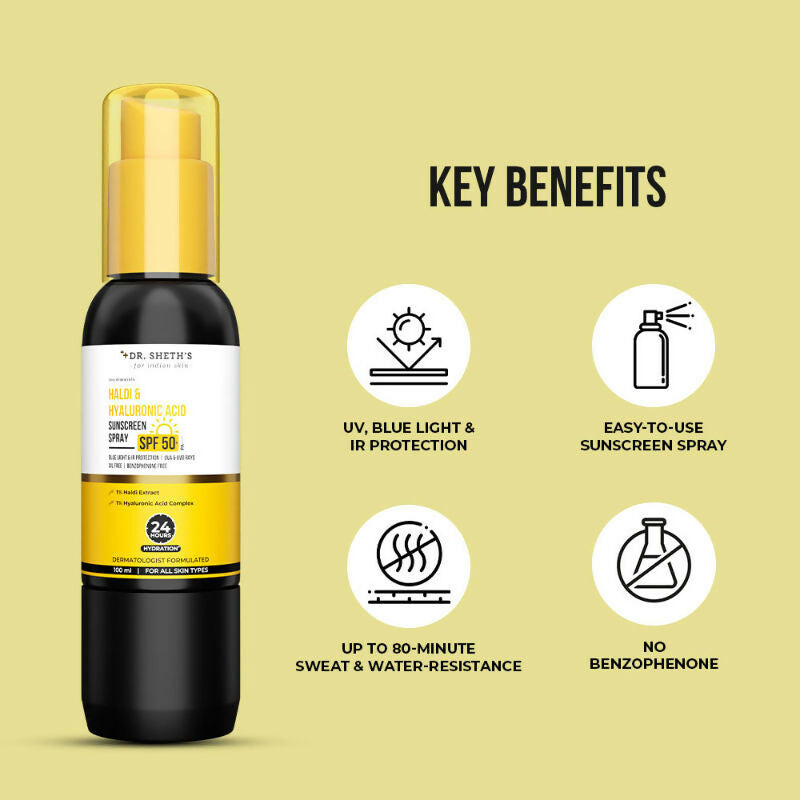 Dr. Sheth's Haldi & Hyaluronic Acid Sunscreen Spray SPF 50+ PA++++ | Grocsy