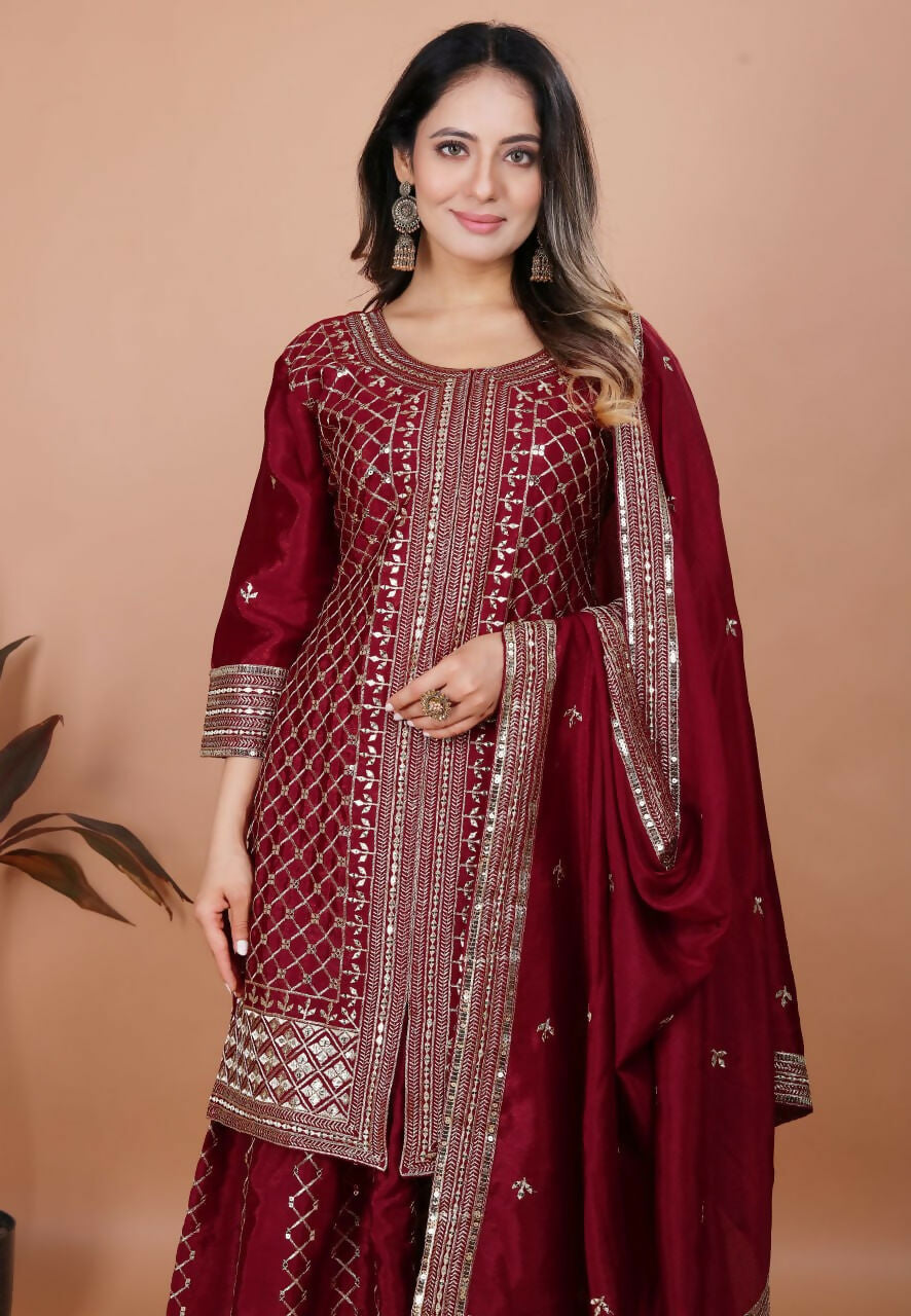 Teeya Creation Maroon Color Chinon Silk Embroidery Work Palazzo Set | Grocsy