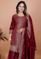 Teeya Creation Maroon Color Chinon Silk Embroidery Work Palazzo Set | Grocsy