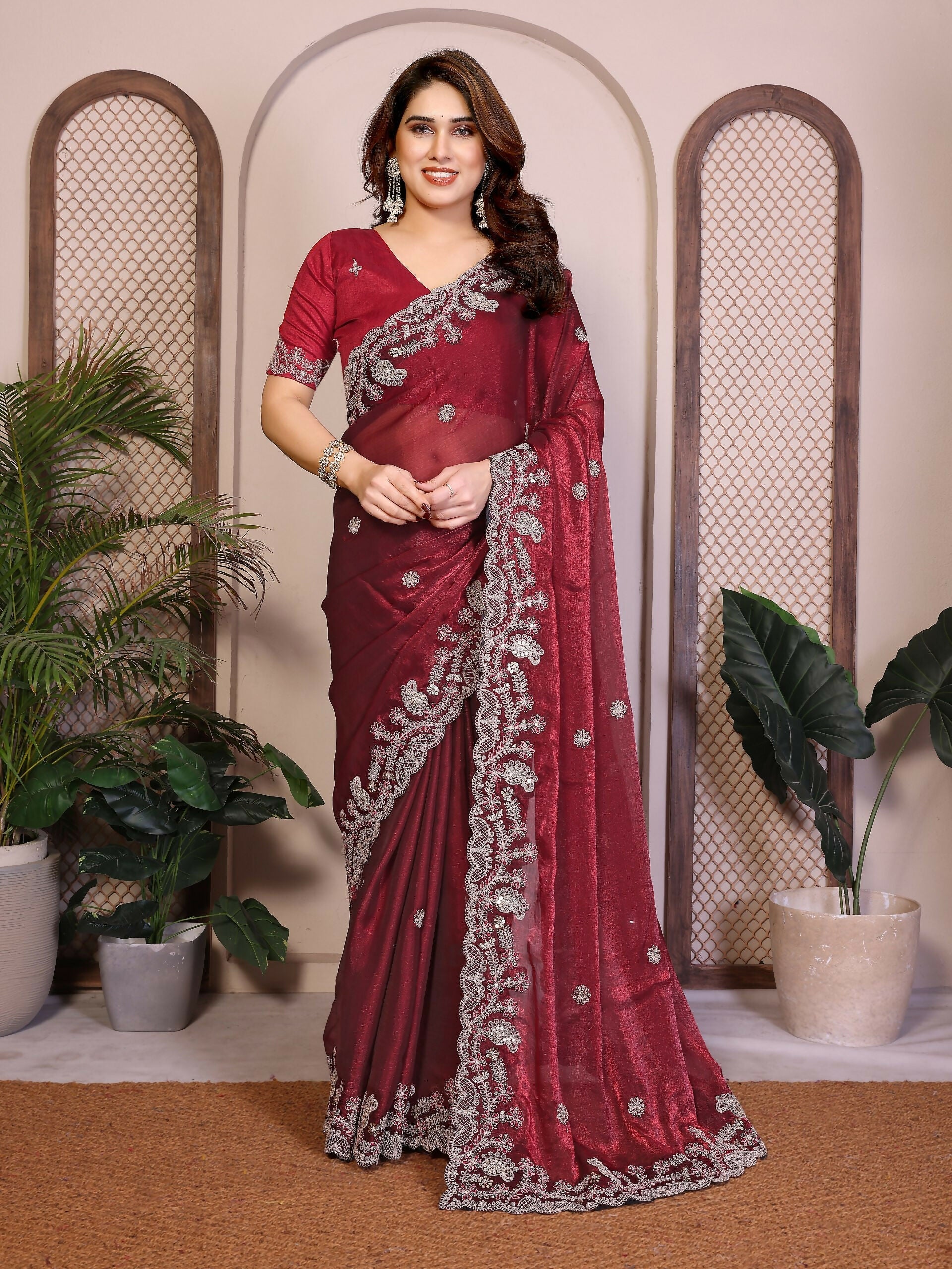 Teeya Creation New Womens Latest Party Wear Soft Chiffon Silk Saree-Red | Grocsy