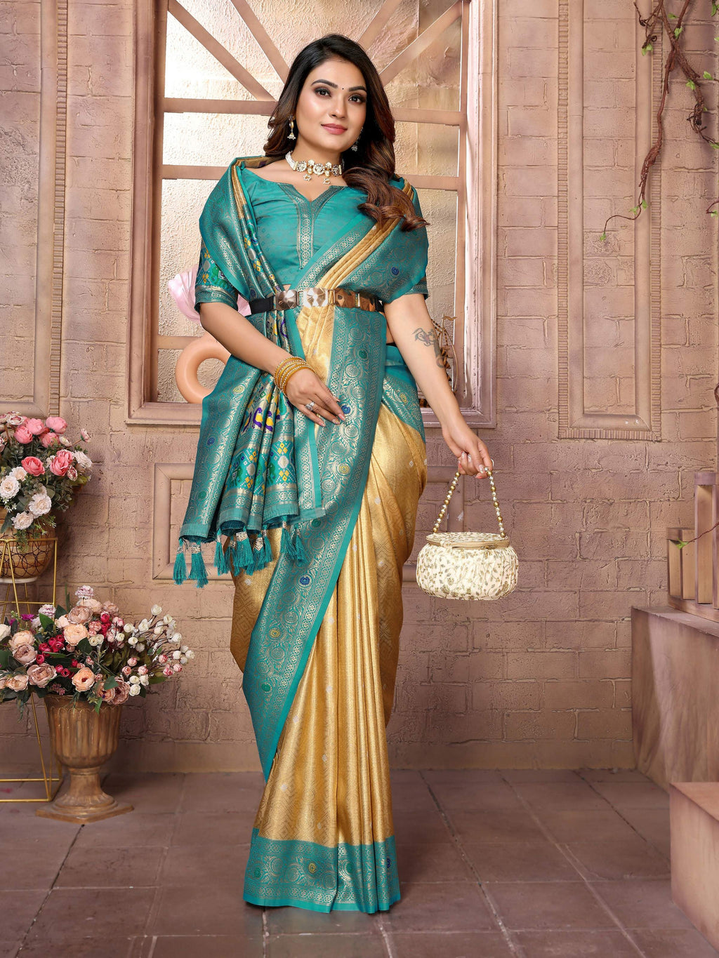 Aastha Fashion Gold Banarasi Tissue Silk Weaving Saree | Grocsy