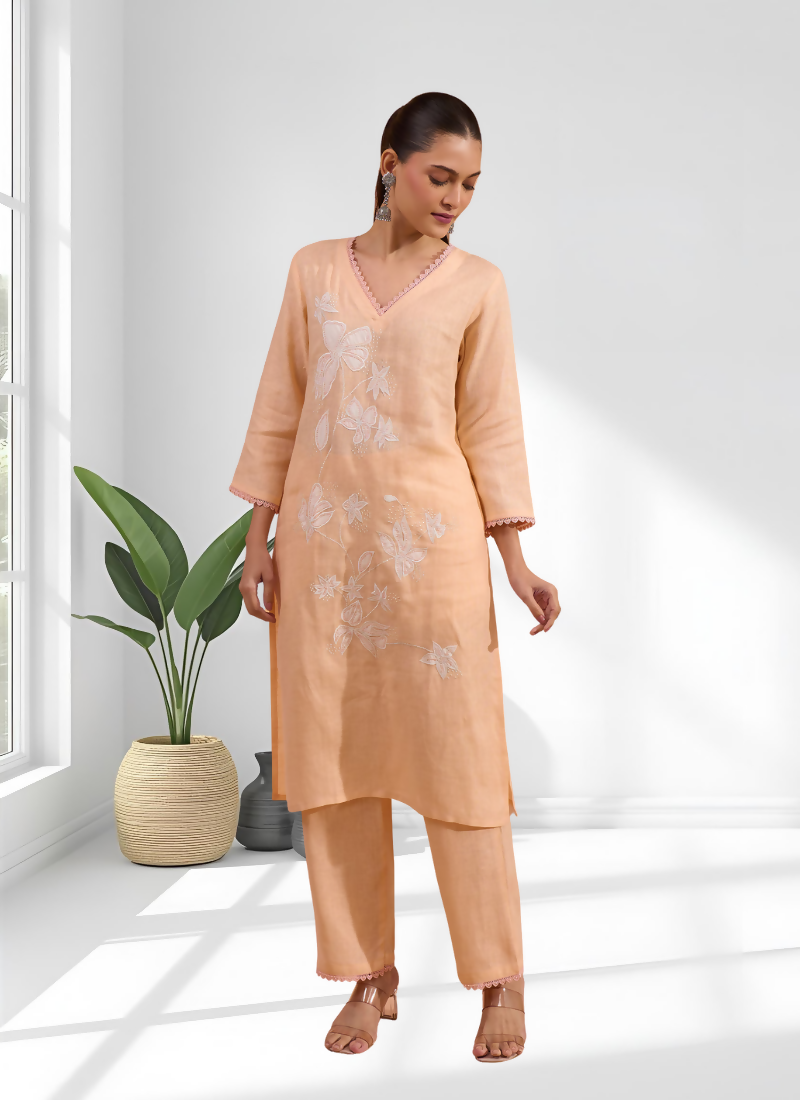 Joban Fashion Coral Linen Embroidered Readymade Long Kurta With Pant | Grocsy