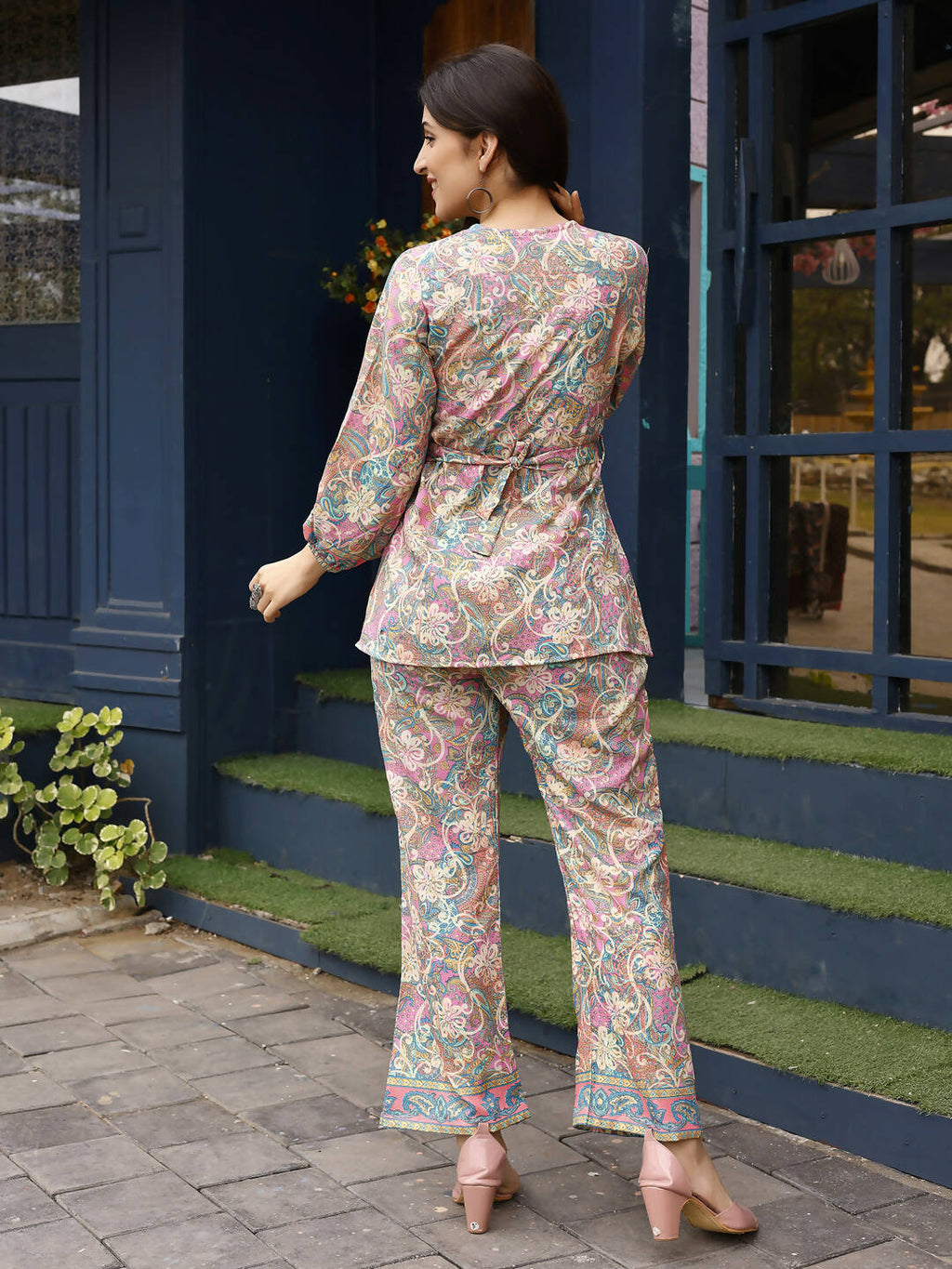 Pink Rayon Paisley & Floral Printed Top with Matching Bottom - Eesha | Grocsy