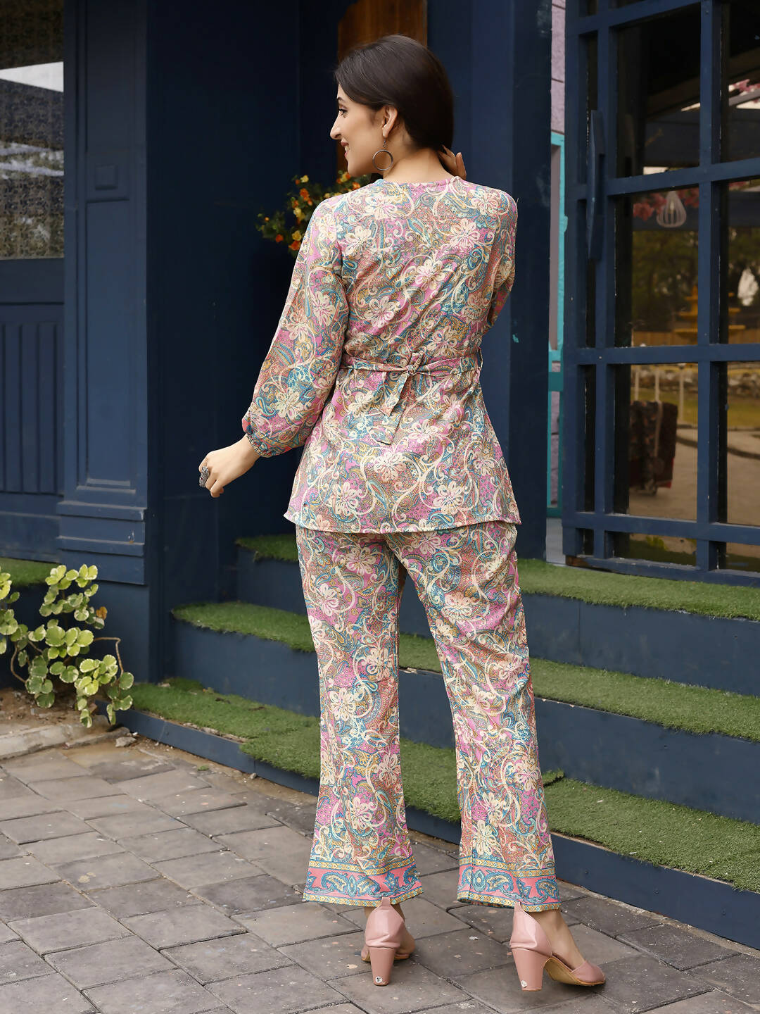 Pink Rayon Paisley & Floral Printed Top with Matching Bottom - Eesha | Grocsy