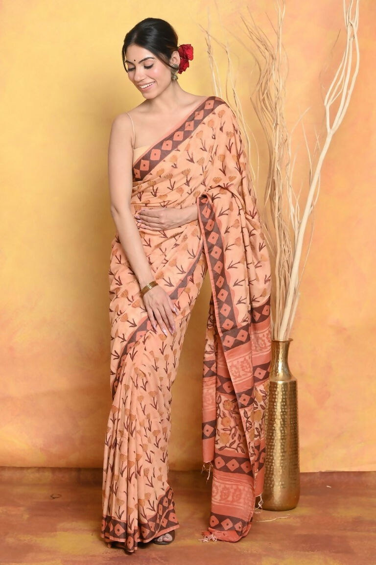 Very Much Indian Designer Modal Silk Saree With With Beautiful Floral Print - Light Orange | Grocsy