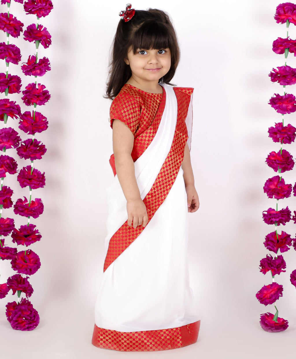 Little Bansi Girls Red And White Color Bengali Saree With Floral Brocade Blouse | Grocsy