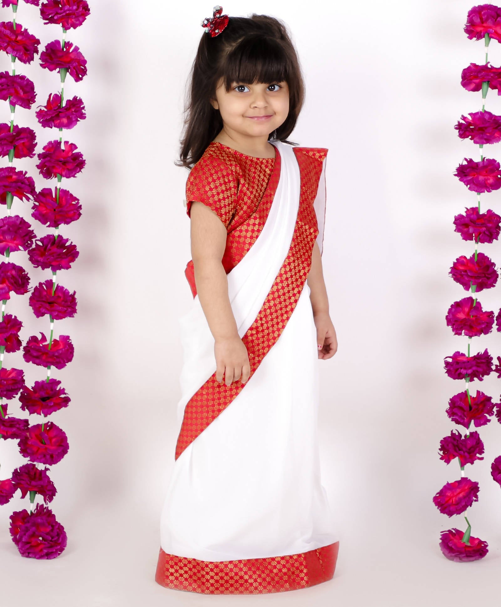 Little Bansi Girls Red And White Color Bengali Saree With Floral Brocade Blouse | Grocsy
