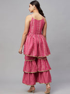 Myshka Pink Printed Sleeveless V Kurti Sharara Set | Grocsy