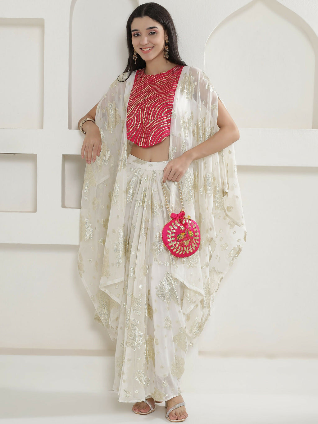 Joban Fashion White & Pink Kaftaan With Skirt | Grocsy