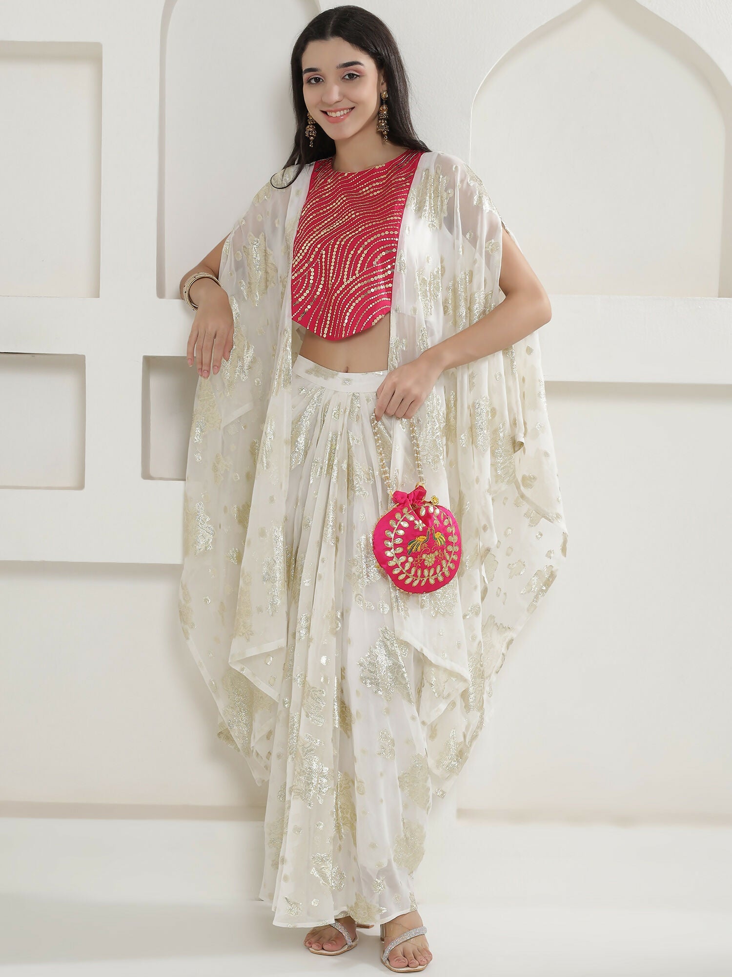 Joban Fashion White & Pink Kaftaan With Skirt | Grocsy