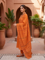Teeya Creation Orange Silk Kurta Pant Set With Scalloped Dupatta | Grocsy