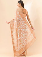 Peach Organza Floral Embroidered Saree with Unstitched Blouse Piece - Roozal | Grocsy