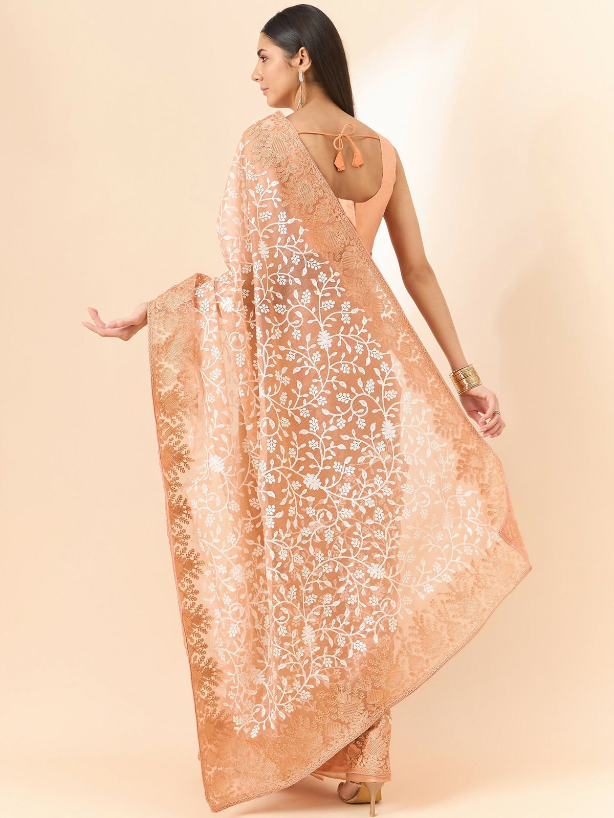 Peach Organza Floral Embroidered Saree with Unstitched Blouse Piece - Roozal | Grocsy