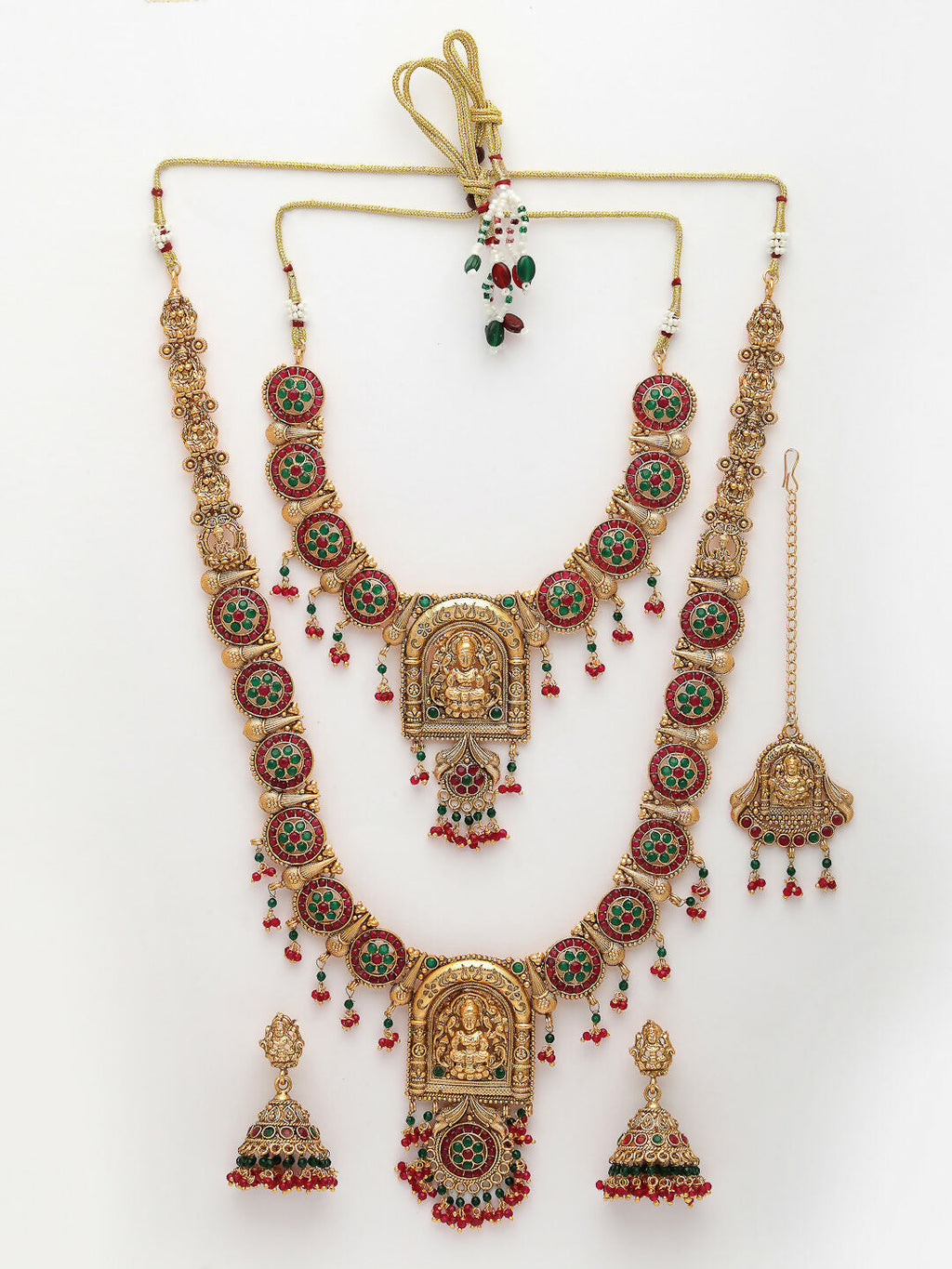 NVR Women's Set of 2 Gold-Polished Green & Red Stone Studded Lakshmi Design Temple Jewellery Set with Maangtikka | Grocsy