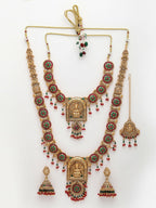 NVR Women's Set of 2 Gold-Polished Green & Red Stone Studded Lakshmi Design Temple Jewellery Set with Maangtikka | Grocsy