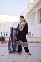 Joban Fashion Wine Kurta Set Velvet Sequins , Zari, Coding & Thread Embroidered work | Grocsy