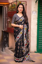 Black Silk Blend Ethnic Motifs Saree with Unstitched Blouse - A2M | Grocsy