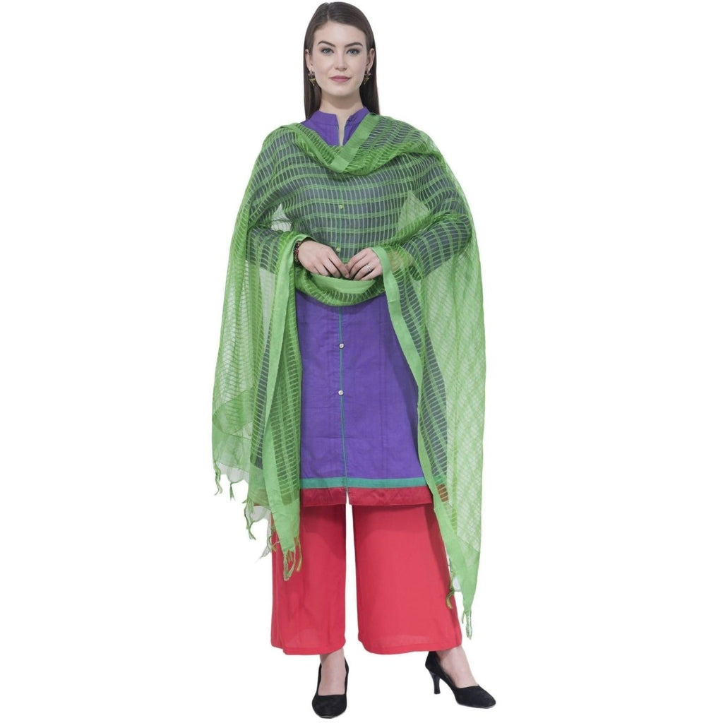 A R Silk Women's Self Check Cota Cotton Parrot Green Dupattas and Chunnis | Grocsy