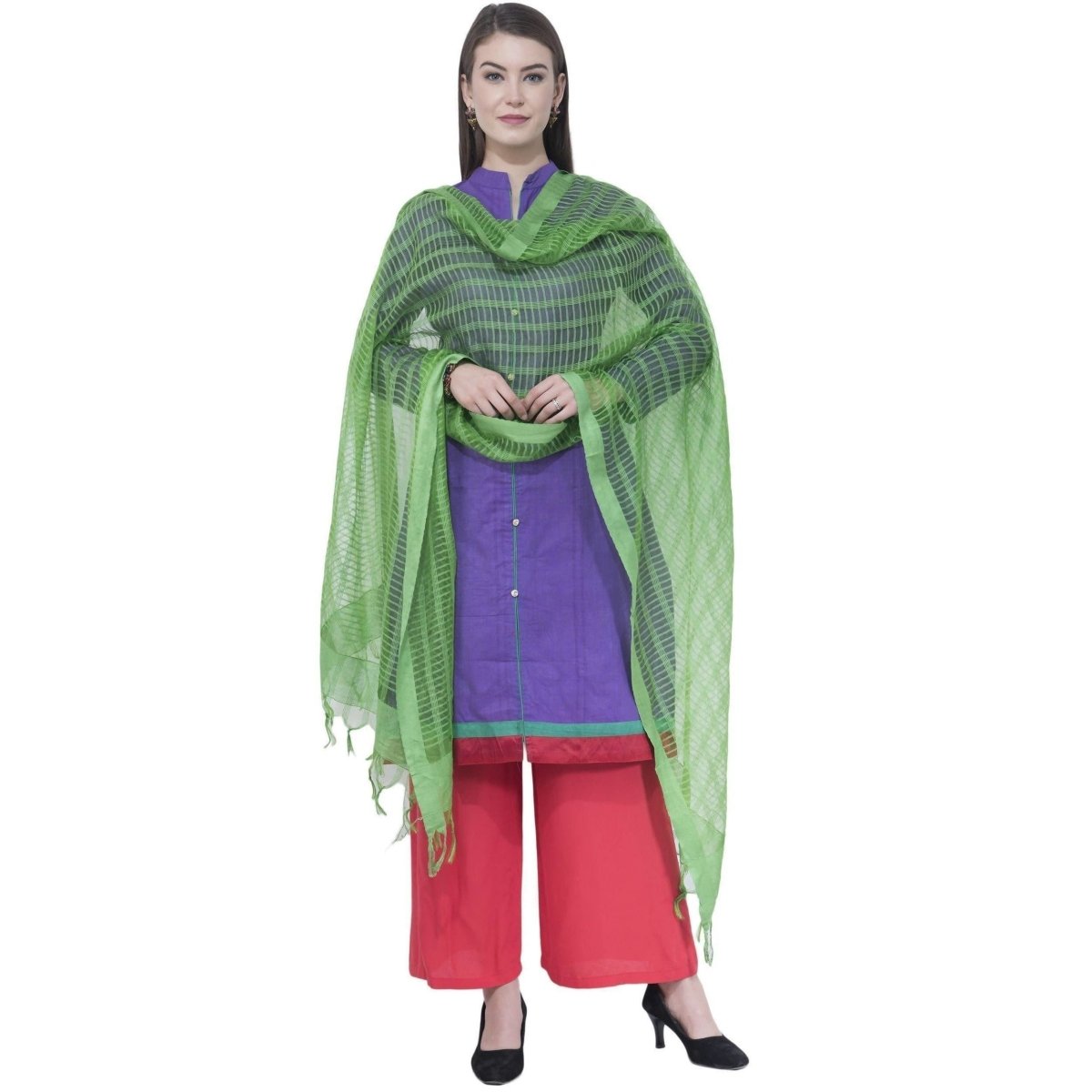 A R Silk Women's Self Check Cota Cotton Parrot Green Dupattas and Chunnis | Grocsy