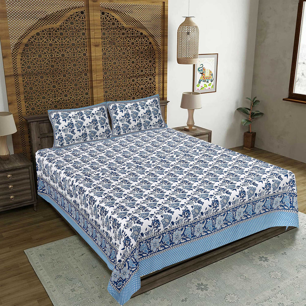 Rudra Bazaar Blue 210 TC Cotton Double King Bedsheet With 2 Pillow Covers | Grocsy
